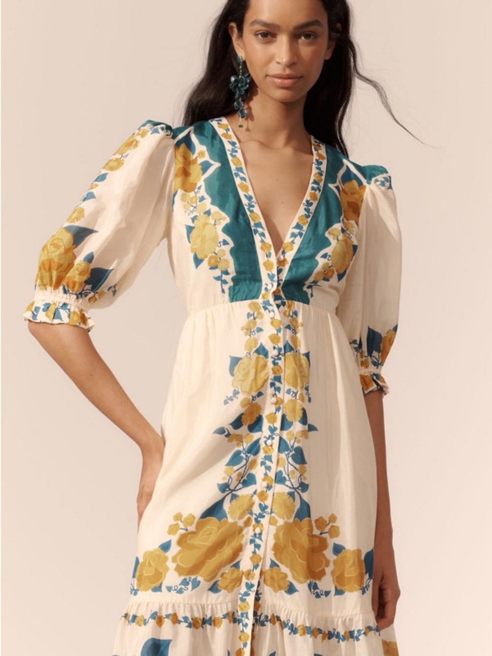 Anthropologie Farm Rio Cream Midi Dress with Yellow Floral & Teal Accents